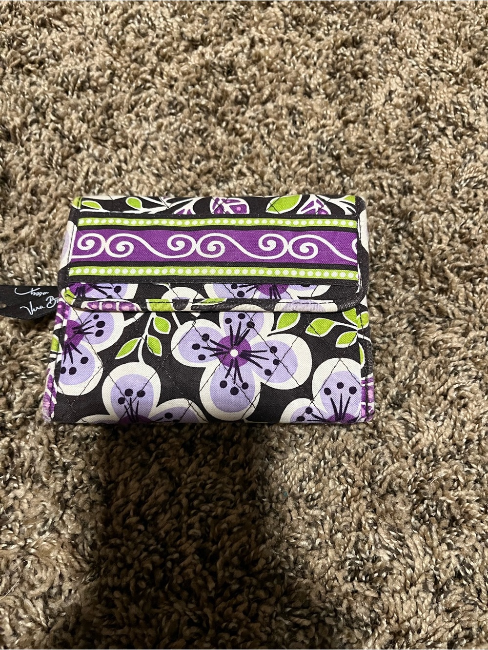 Vera Bradley Black Floral Compact Wallet with Purple and Lime Accents